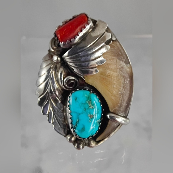 Zuni Sterling Silver Ring Size 11 Turquoise, Coral Bennie Bowekaty - Picture 5 of 12